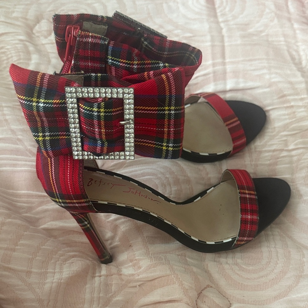 Betsey Johnson Red Plaid Rhinestone-Buckle Ankle-Strap Heels